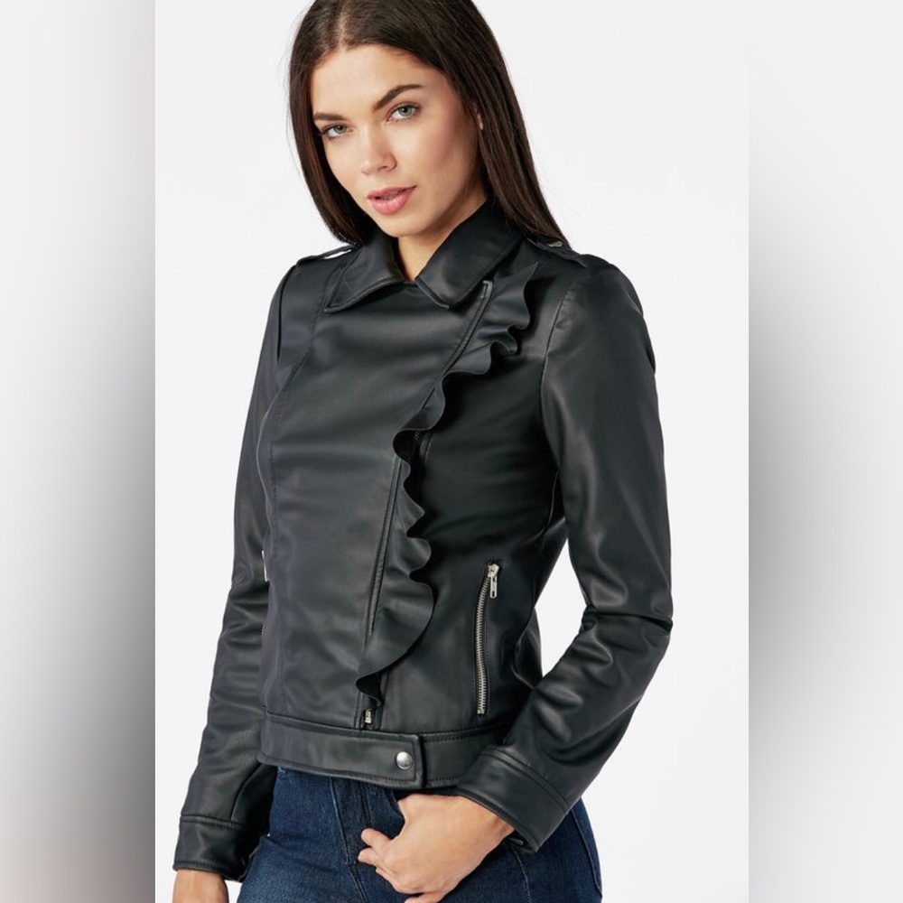 Ruffle Moto Faux Leather Jacket
